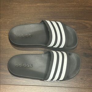 Adidas Black Slides with White Stripes